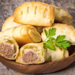 Stos pieczonego ciasta francuskiego z kiełbaską w środku, ozdobione natką pietruszki.