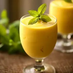 Orzeźwiający koktajl z mango, udekorowany listkami mięty, czeka na orzeźwiającą chwilę.