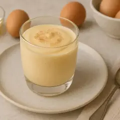 Kremowy kogel mogel w szklance, obok jajka i masło. Idealny przepis na szybki deser.
